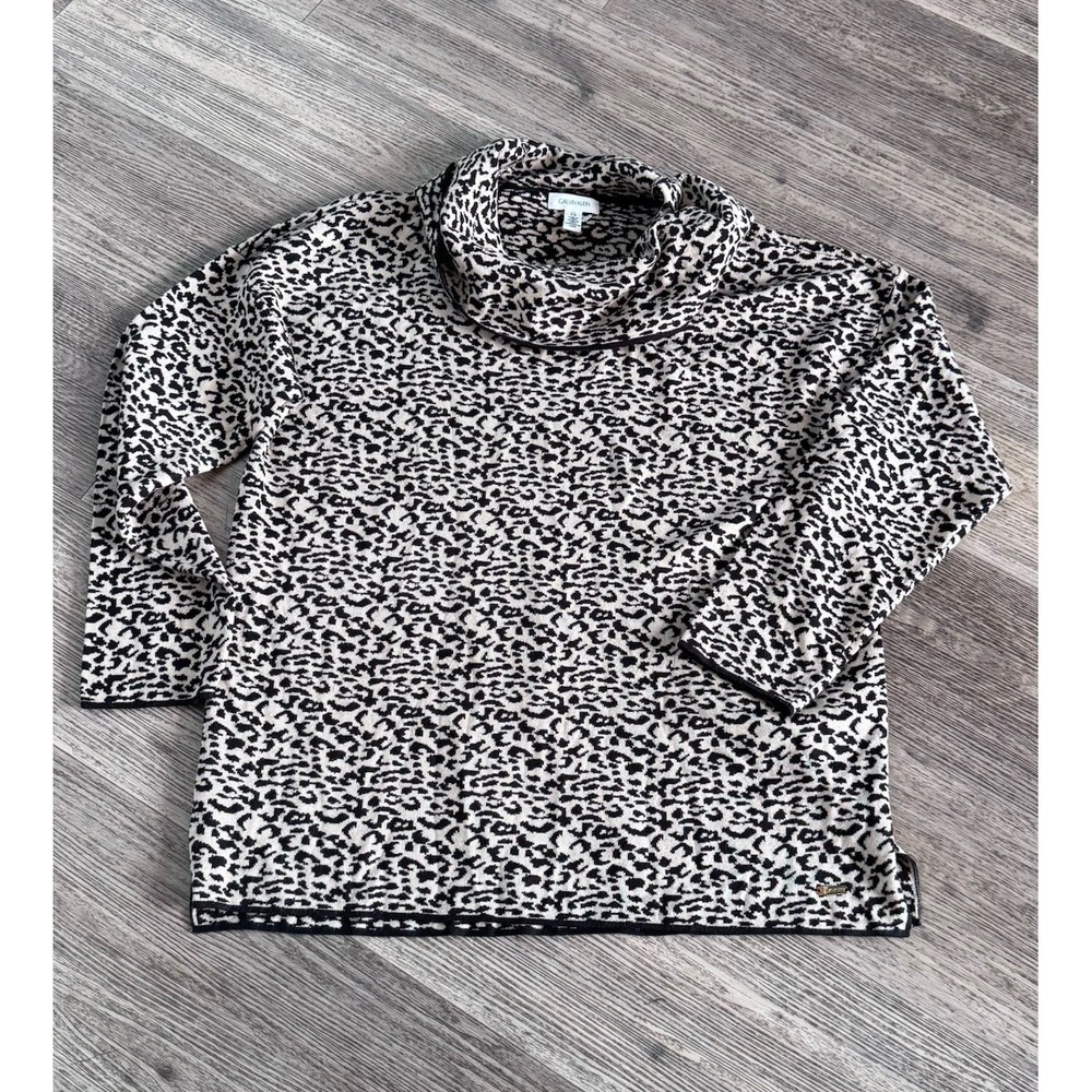 Calvin Klein Leopard Print Black White Cowl Neck Hi-Low Sweater Tunic Women's L - Picture 1 of 8